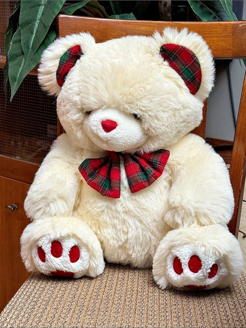Vintage 1990s Large Fluffy Plush Teddy Bear Plaid Bow & Ears 1996 Plushies